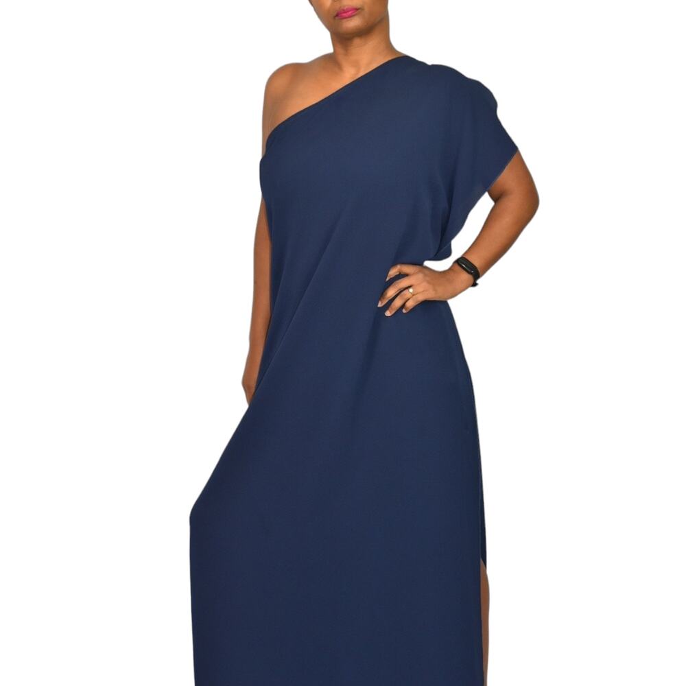 VICI Tyche One Shoulder Dress Blue Caftan Grecian Goddess Maxi Draped Size Small